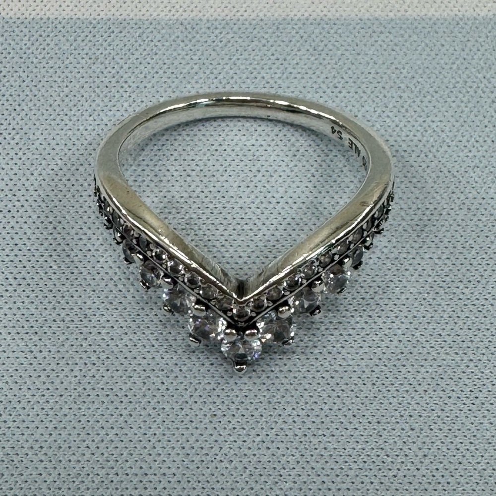 Pandora 925 Sterling Silver CZ Sparkling Wishbone Princess Crown Ring Size 7
